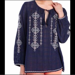 JOIE EMBROIDERED BOHO NAVY BLUE PEASANT BLOUSE XS